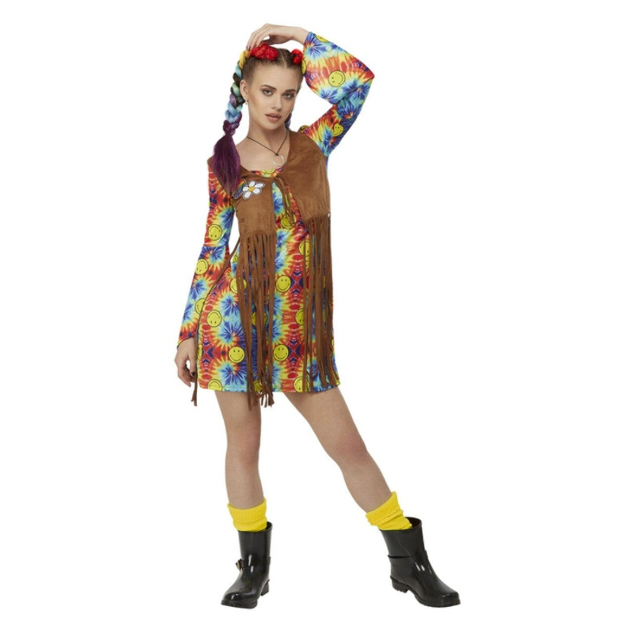 Op deze afbeelding zie je een Kostuums, van het merk Smiffy's. Smiley Hippie Jurk Vrouw