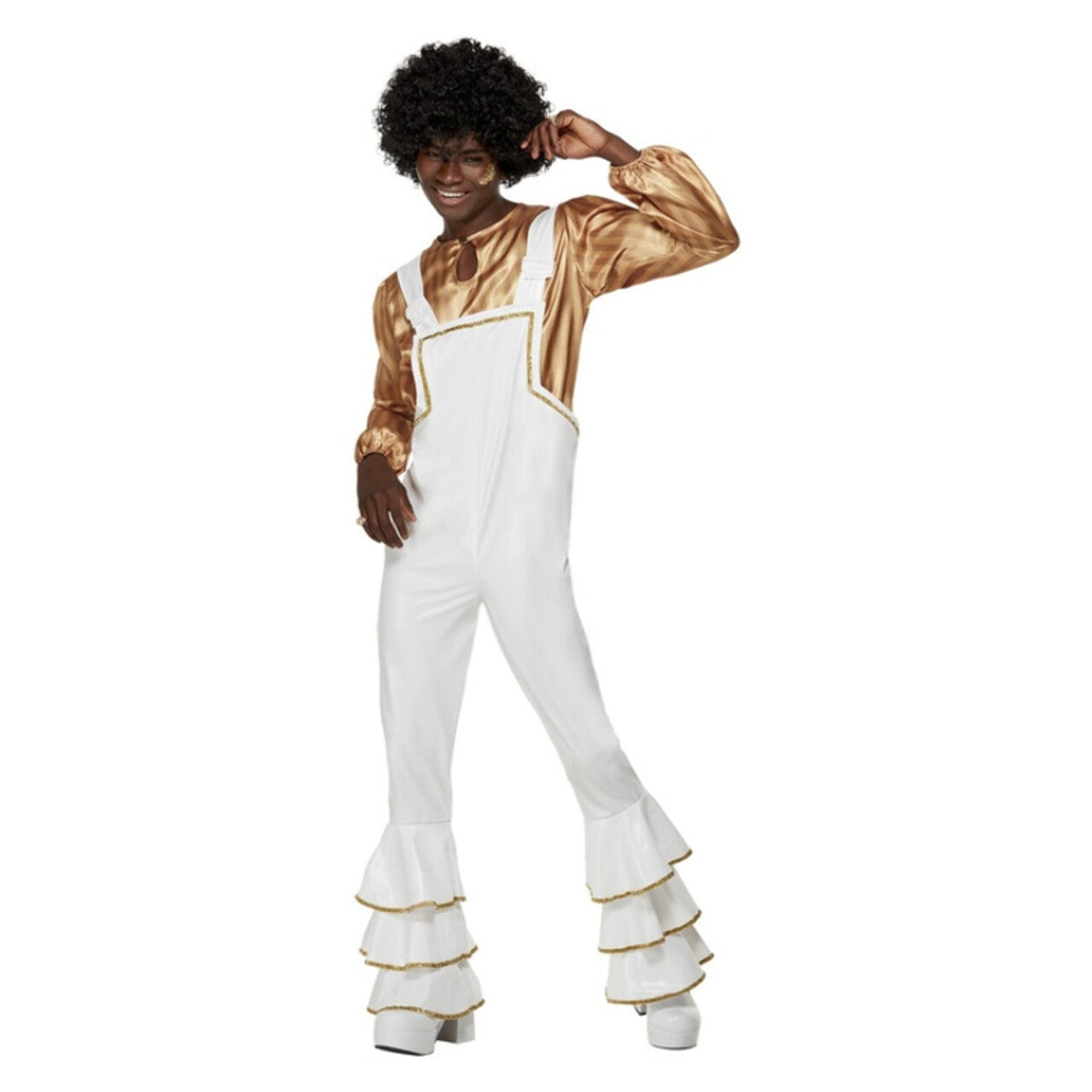 Op deze afbeelding zie je een Kostuums, van het merk Smiffy's. 70s Glamour Disco Goud Wit Man Kostuum
