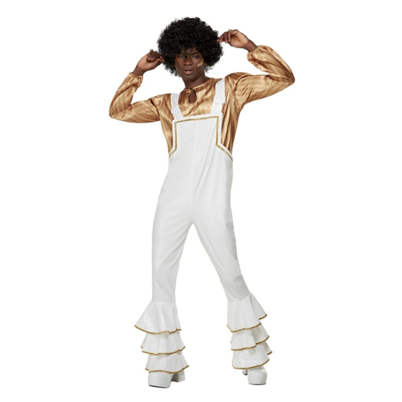 Op deze afbeelding zie je een Kostuums, van het merk Smiffy's. 70s Glamour Disco Goud Wit Man Kostuum