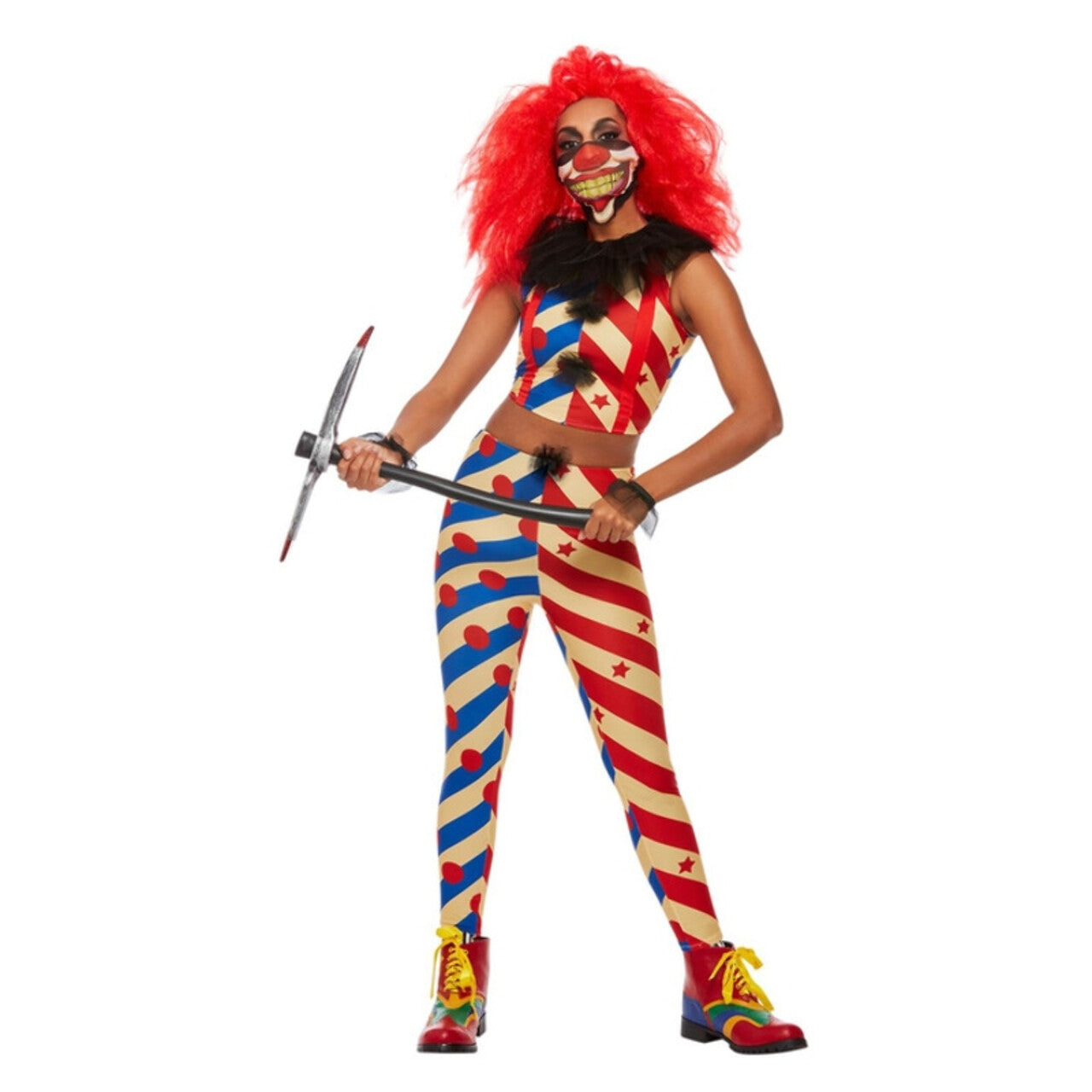 Op deze afbeelding zie je een Kostuums, van het merk Smiffy's. Gestreepte Enge Clown Vrouw Kostuum