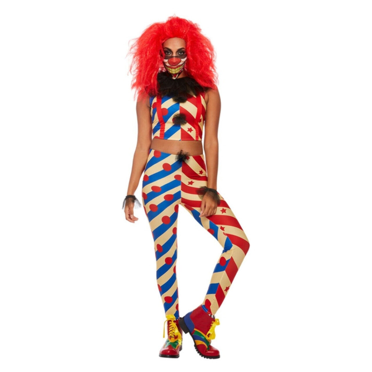 Op deze afbeelding zie je een Kostuums, van het merk Smiffy's. Gestreepte Enge Clown Vrouw Kostuum