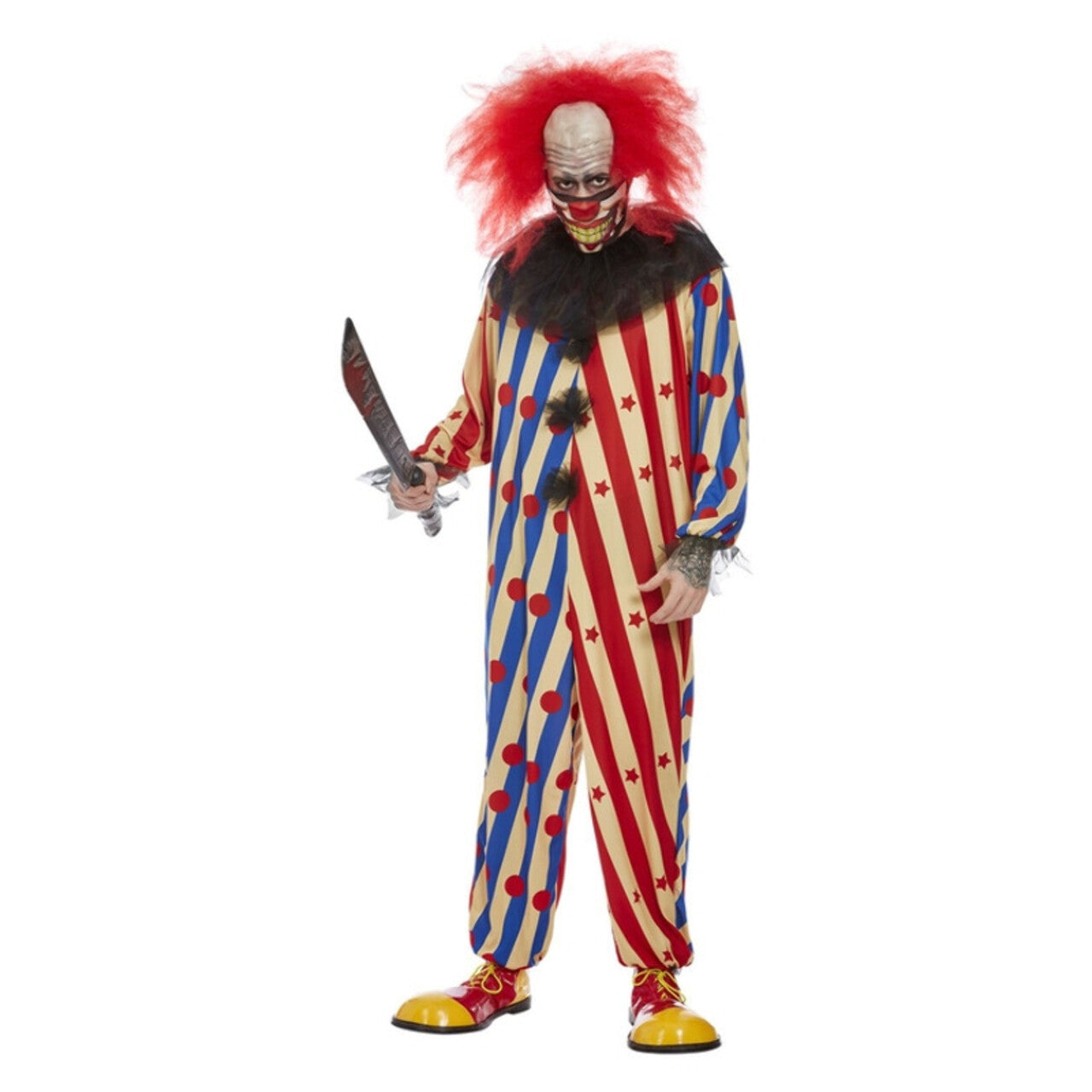 Op deze afbeelding zie je een Kostuums, van het merk Smiffy's. Gestreepte Enge Clown Man Kostuum
