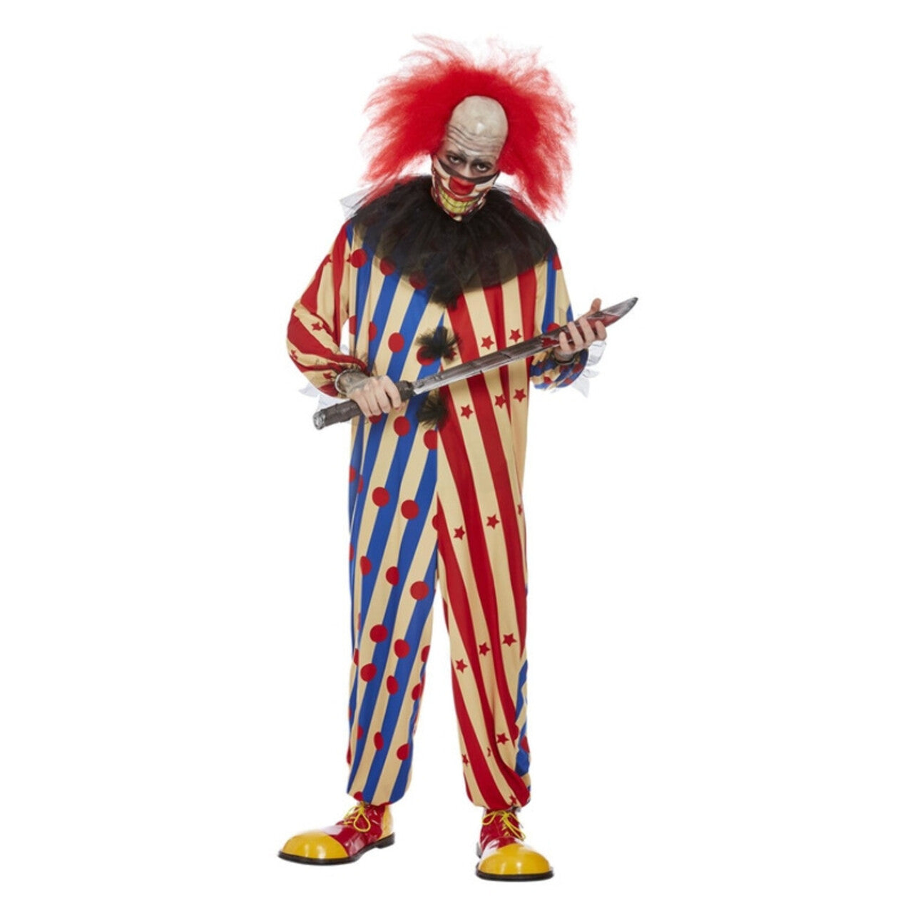 Op deze afbeelding zie je een Kostuums, van het merk Smiffy's. Gestreepte Enge Clown Man Kostuum