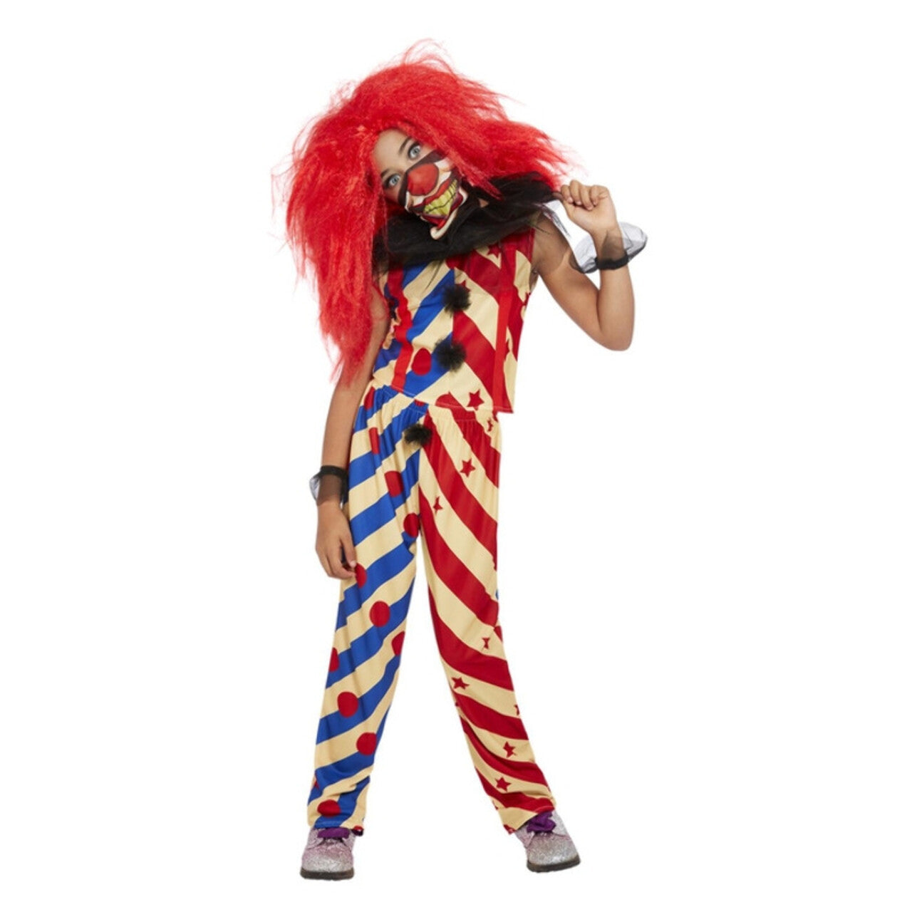 Op deze afbeelding zie je een Kostuums, van het merk Smiffy's. Gestreepte Enge Clown Meisje Kostuum