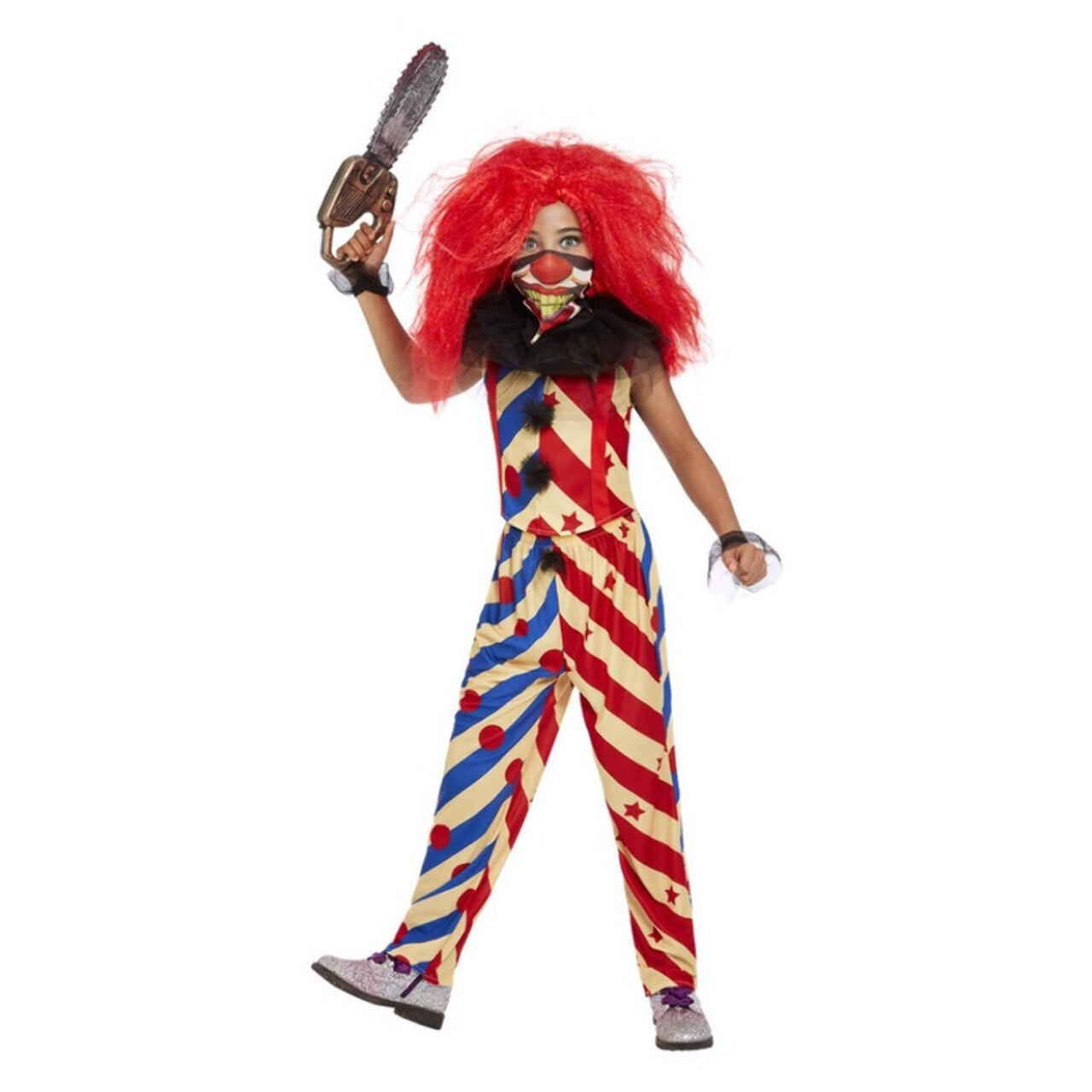 Op deze afbeelding zie je een Kostuums, van het merk Smiffy's. Gestreepte Enge Clown Meisje Kostuum