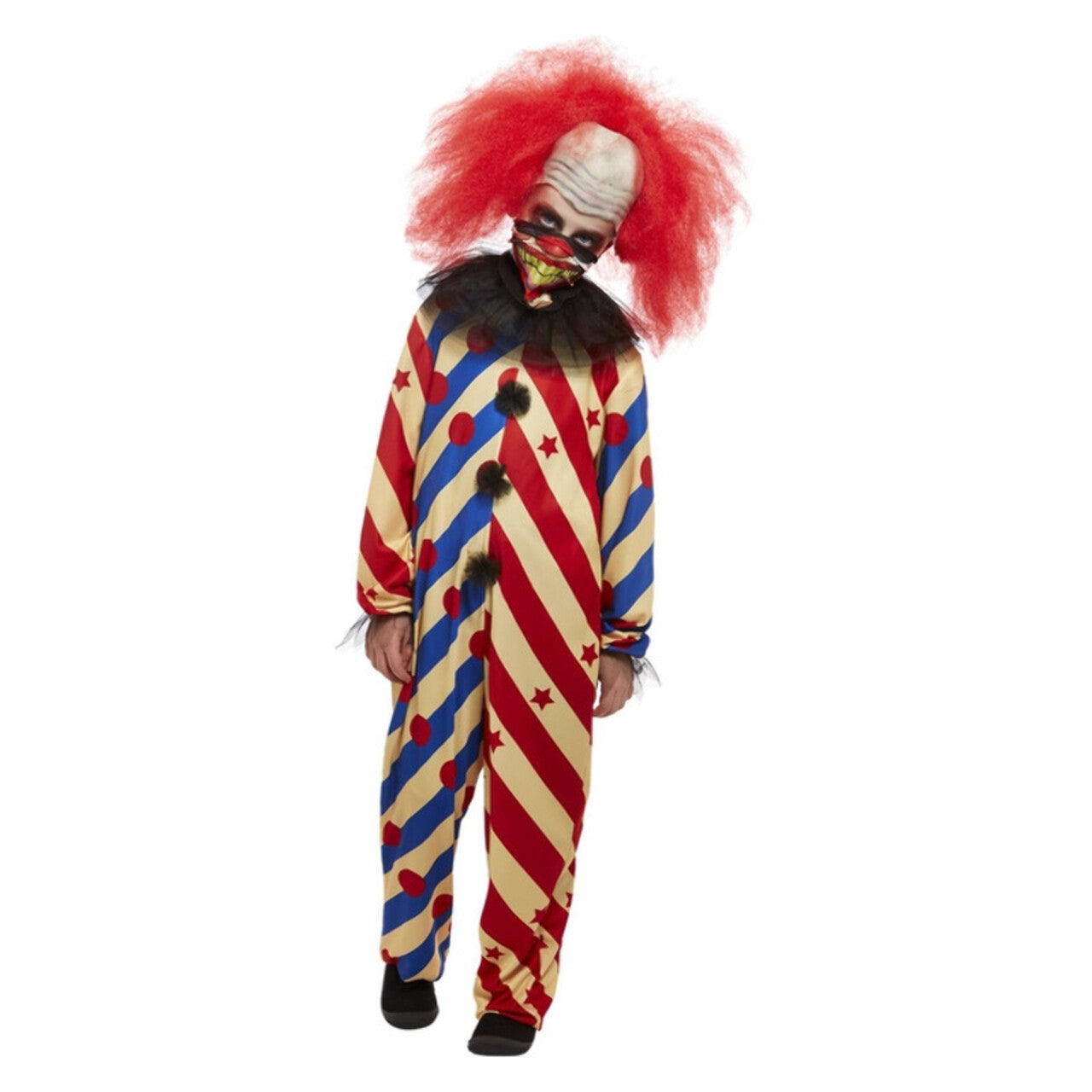 Op deze afbeelding zie je een Kostuums, van het merk Smiffy's. Gestreepte Enge Clown Kind Kostuum