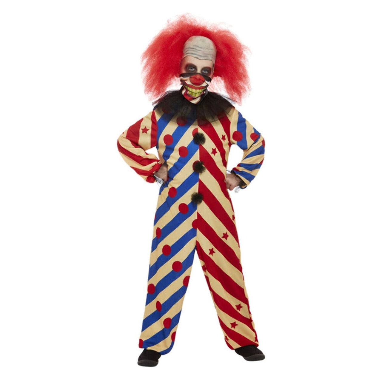 Op deze afbeelding zie je een Kostuums, van het merk Smiffy's. Gestreepte Enge Clown Kind Kostuum