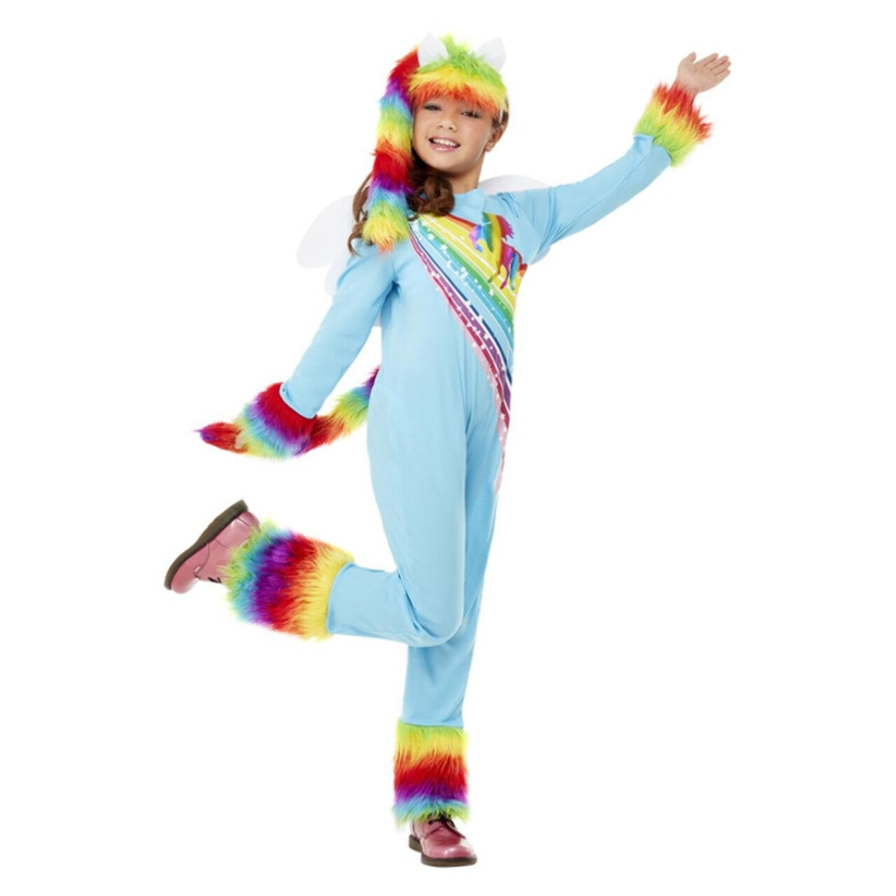 Op deze afbeelding zie je een Kostuums, van het merk Smiffy's. Pegasus Fantasy Pony Vliegt Door Een Regenboog Heen Meisje Kostuum
