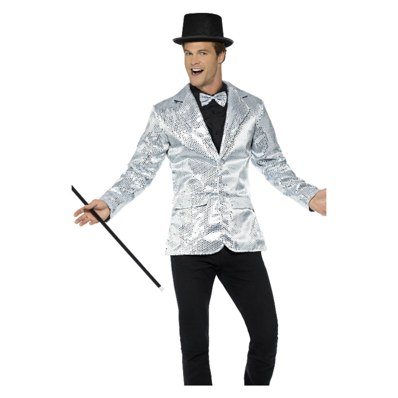 Op deze afbeelding zie je een Kostuums, van het merk Smiffy's. Zilveren Pailletten Showman Jas