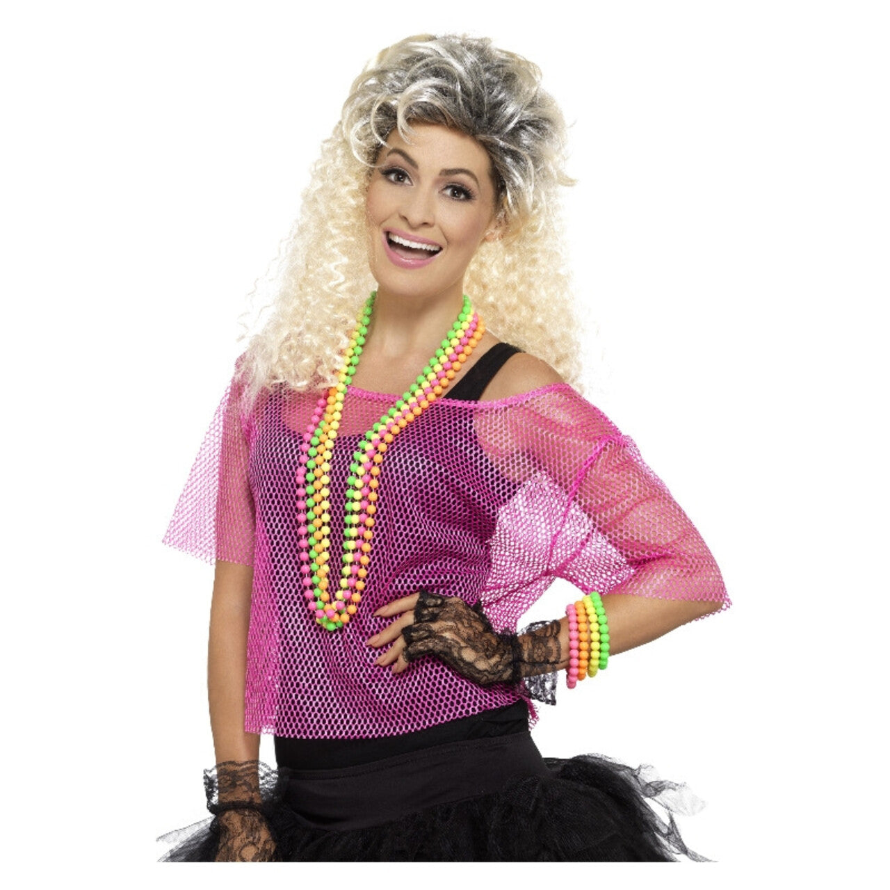 Op deze afbeelding zie je een Kostuums, van het merk Smiffy's. 80s Zeer Felle Neon Roze Visnet Shirt Vrouw