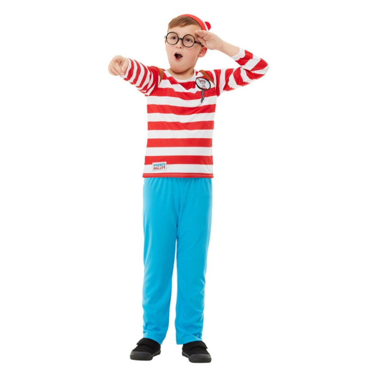Op deze afbeelding zie je een Kostuums, van het merk Smiffy's. Waar Is Wally Verstopt Jongen Kostuum