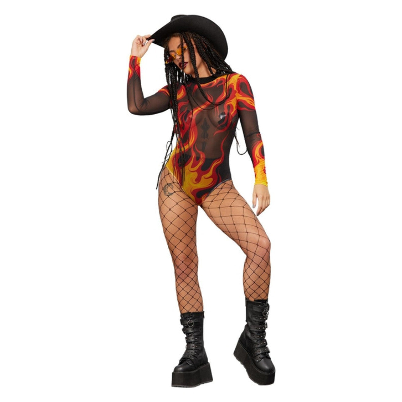 Op deze afbeelding zie je een Kostuums, van het merk Smiffy's. Vurige En Gevaarlijke Vlammen Bodysuit Vrouw Kostuum