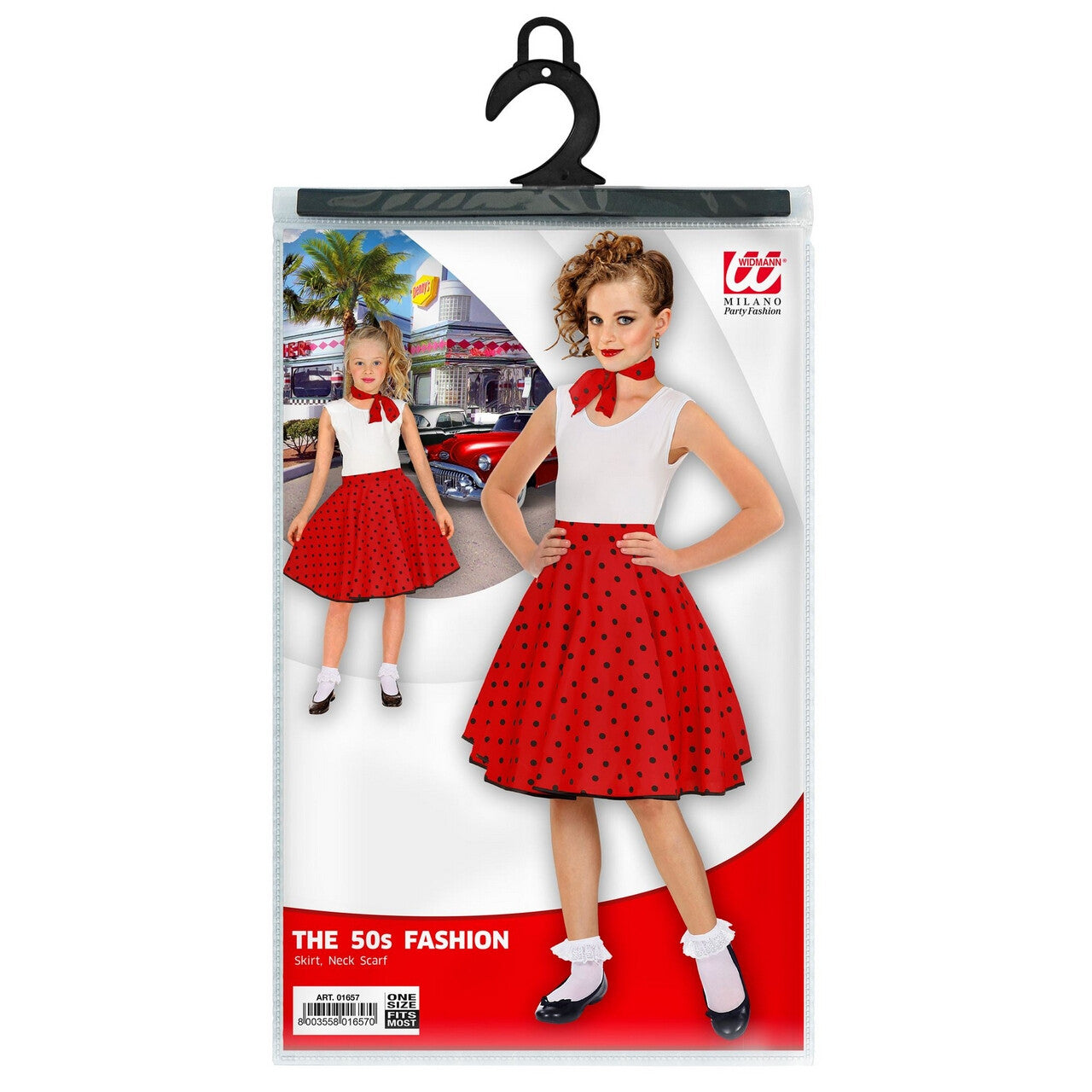 Op deze afbeelding zie je een Kostuums, van het merk Widmann. Jaren 50 Stippenrok Rood Zwart Met Sjaal Kind Meisje
