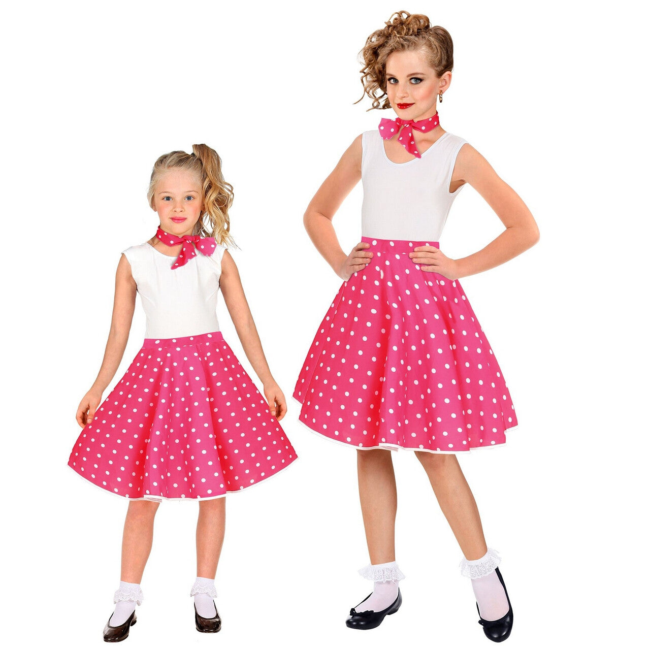 Op deze afbeelding zie je een Kostuums, van het merk Widmann. Jaren 50 Stippenrok Roze Wit Met Sjaal Kind Meisje