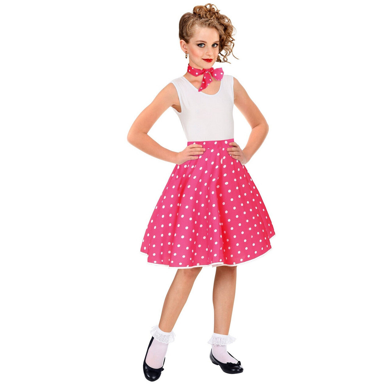 Op deze afbeelding zie je een Kostuums, van het merk Widmann. Jaren 50 Stippenrok Roze Wit Met Sjaal Kind Meisje