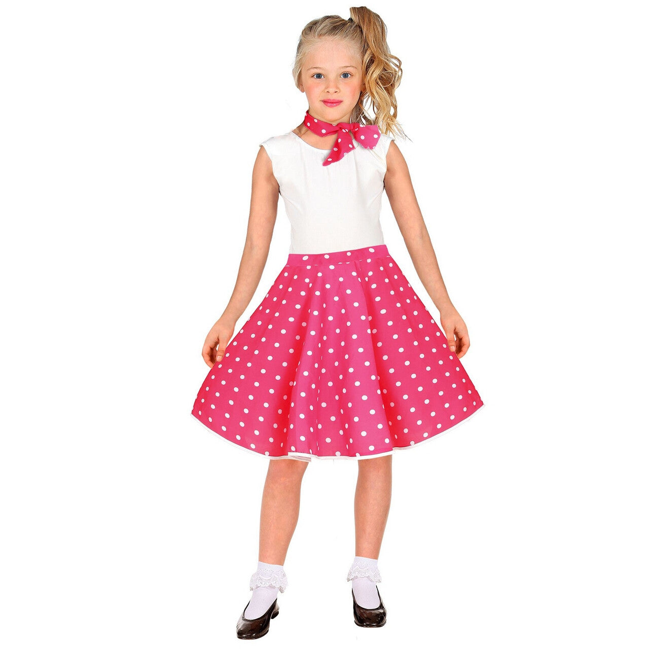 Op deze afbeelding zie je een Kostuums, van het merk Widmann. Jaren 50 Stippenrok Roze Wit Met Sjaal Kind Meisje