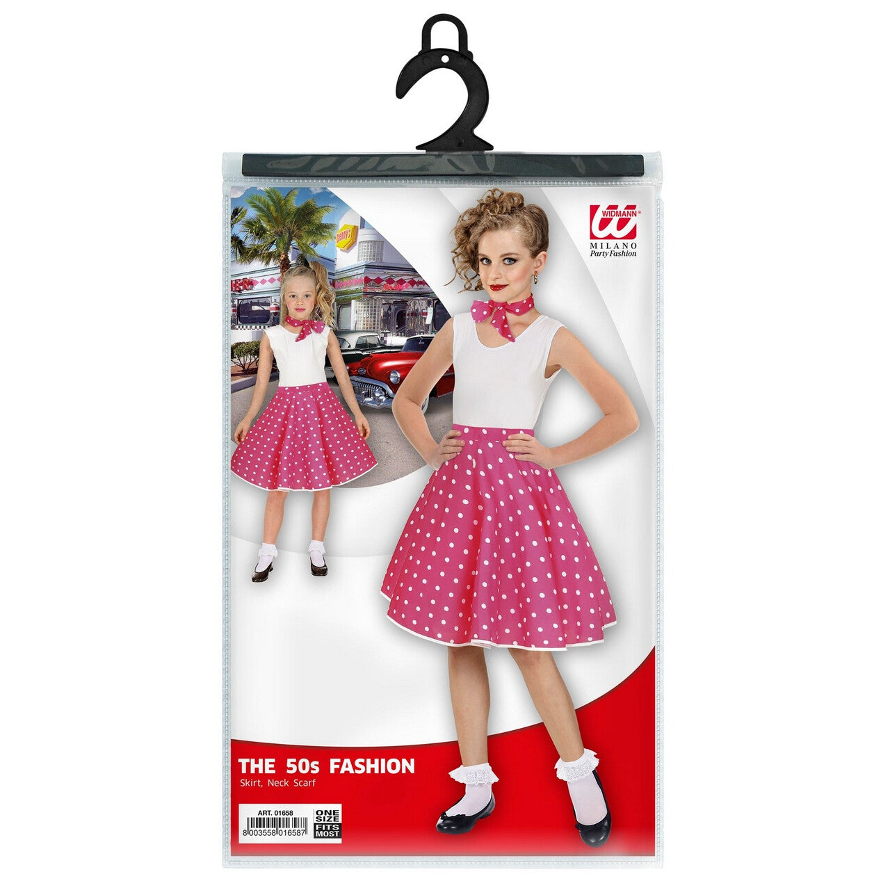 Op deze afbeelding zie je een Kostuums, van het merk Widmann. Jaren 50 Stippenrok Roze Wit Met Sjaal Kind Meisje