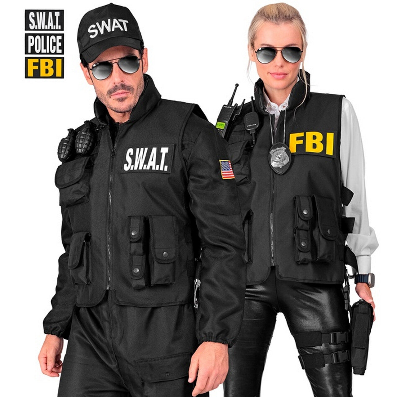 Op deze afbeelding zie je een Kostuums, van het merk Widmann. Zwart Vest Swat Police Fbi