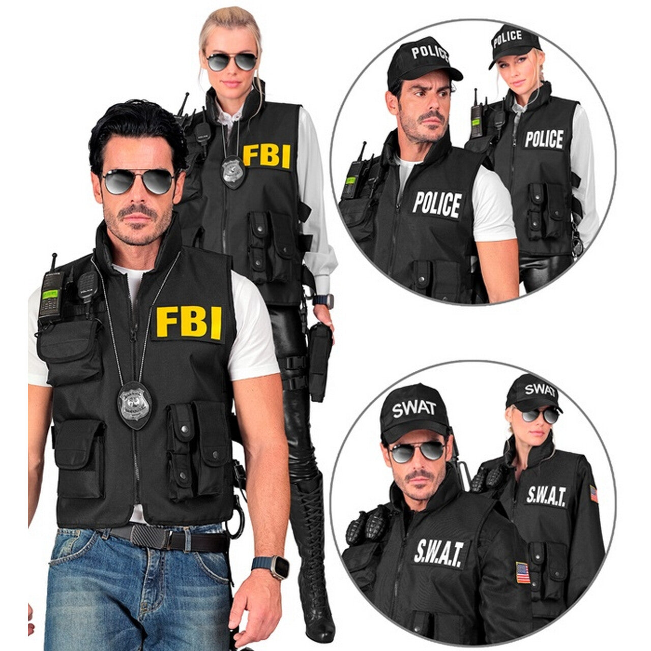 Op deze afbeelding zie je een Kostuums, van het merk Widmann. Zwart Vest Swat Police Fbi