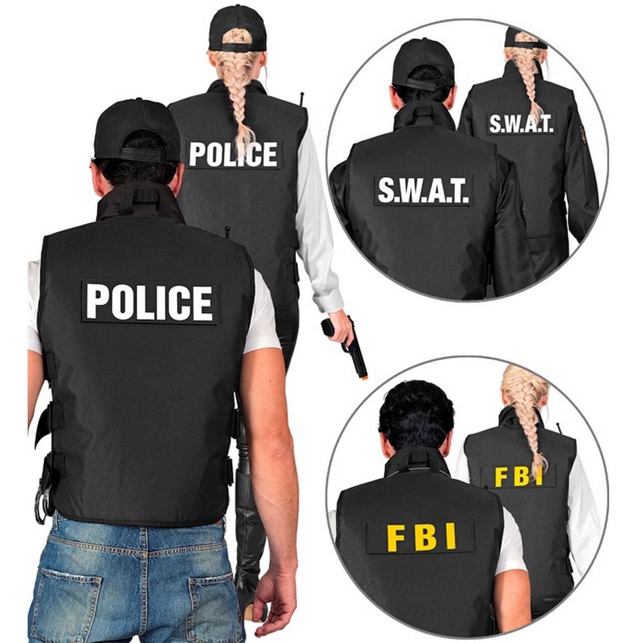 Op deze afbeelding zie je een Kostuums, van het merk Widmann. Zwart Vest Swat Police Fbi