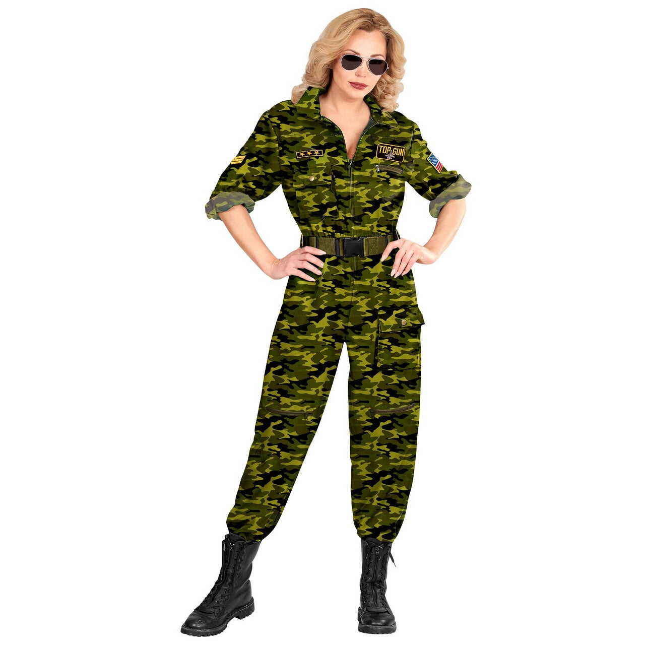 Op deze afbeelding zie je een Kostuums, van het merk Widmann. Green Camo Army Piloot Top Gun Vrouw Kostuum