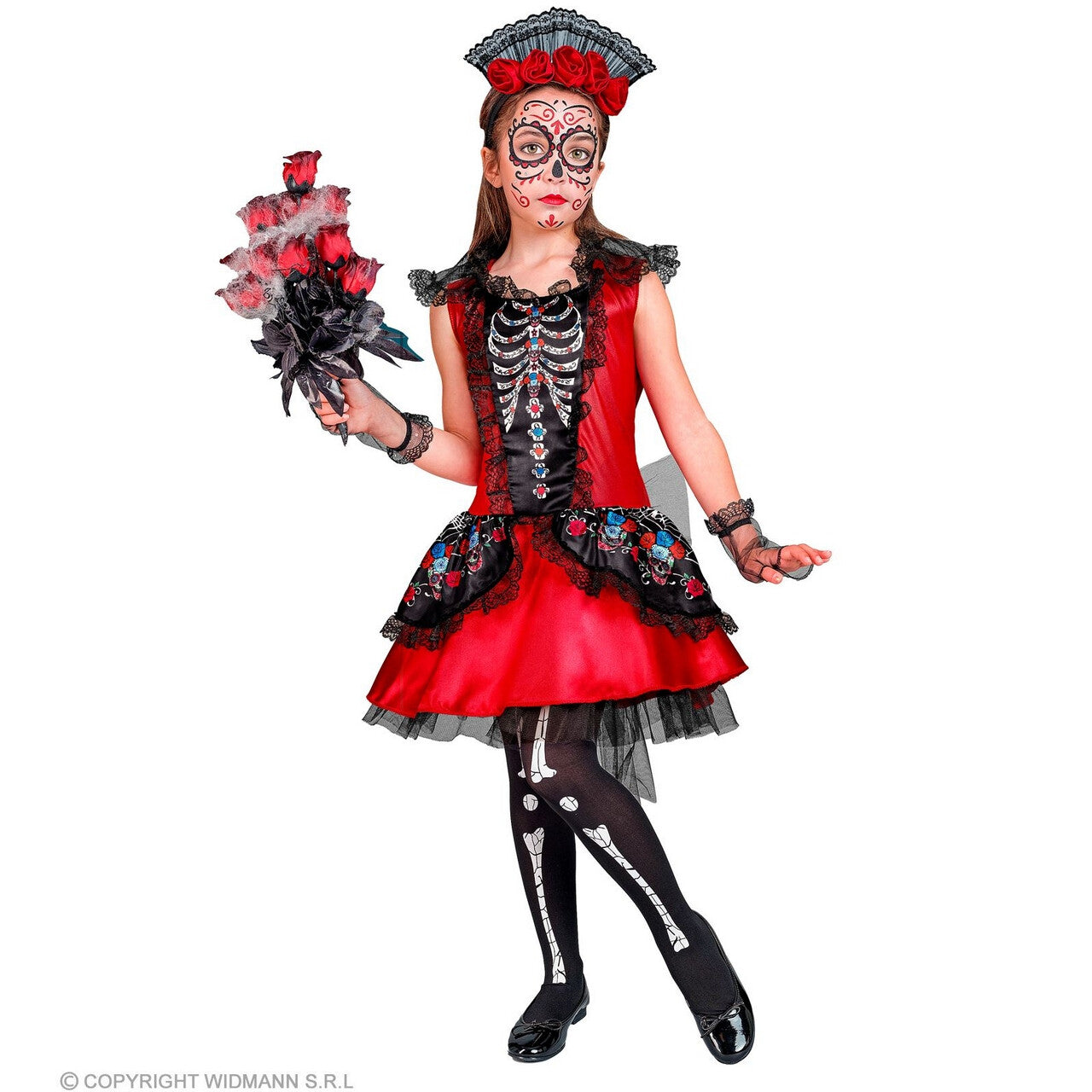 Op deze afbeelding zie je een Kostuums, van het merk Widmann. Feestelijke Rode Day Of The Dead Jurk Meisje
