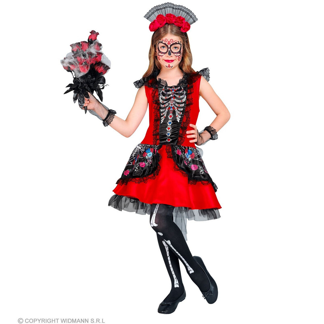 Op deze afbeelding zie je een Kostuums, van het merk Widmann. Feestelijke Rode Day Of The Dead Jurk Meisje