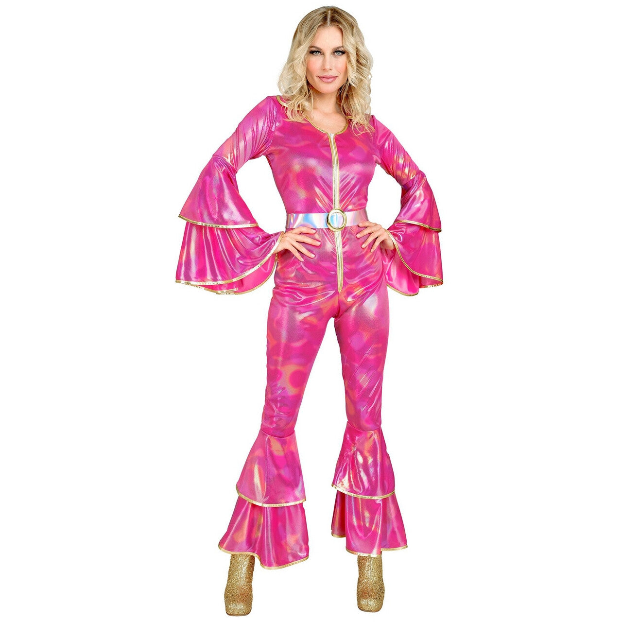 Op deze afbeelding zie je een Kostuums, van het merk Widmann. Get Into The Groove 70s Jumpsuit Roze Vrouw Kostuum