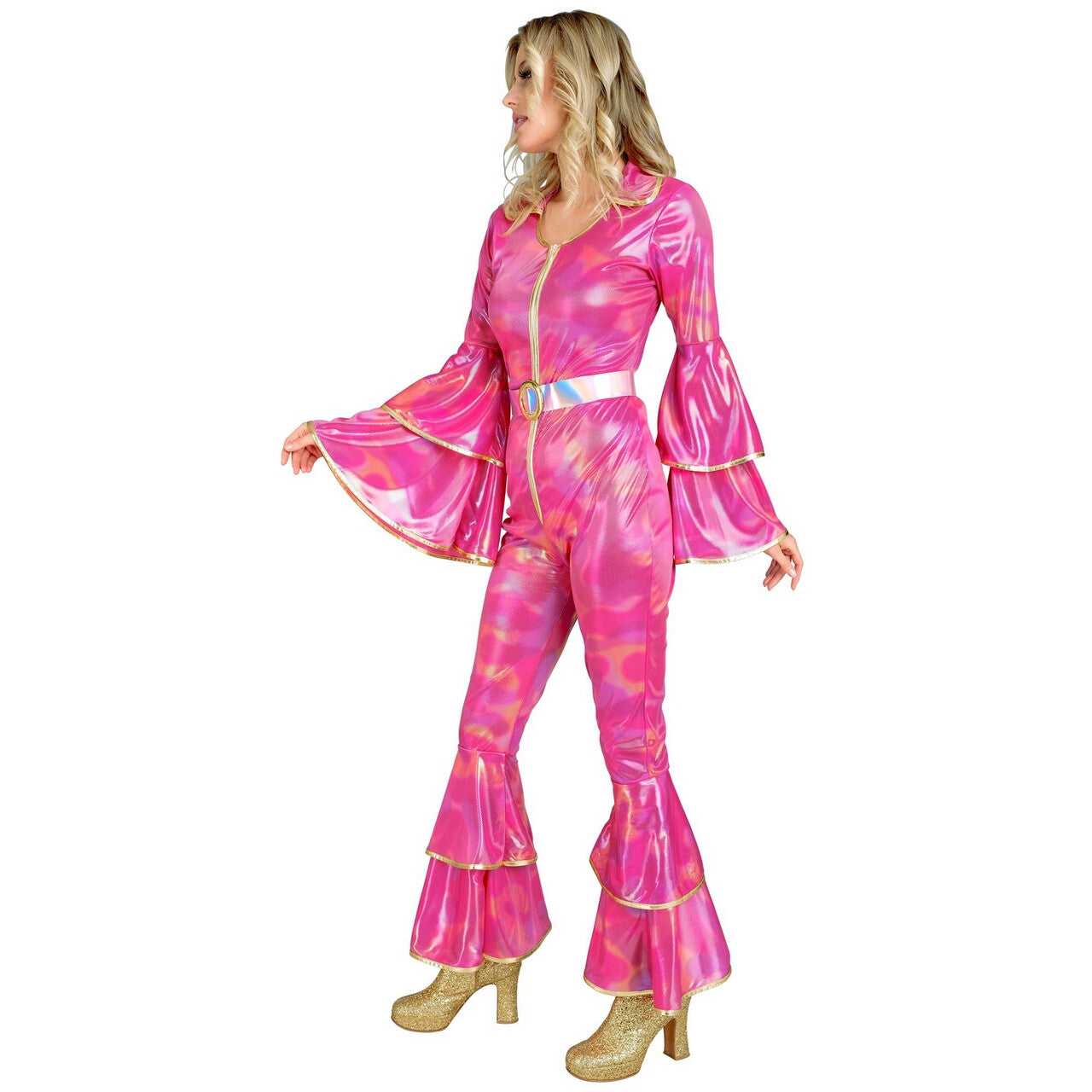 Op deze afbeelding zie je een Kostuums, van het merk Widmann. Get Into The Groove 70s Jumpsuit Roze Vrouw Kostuum