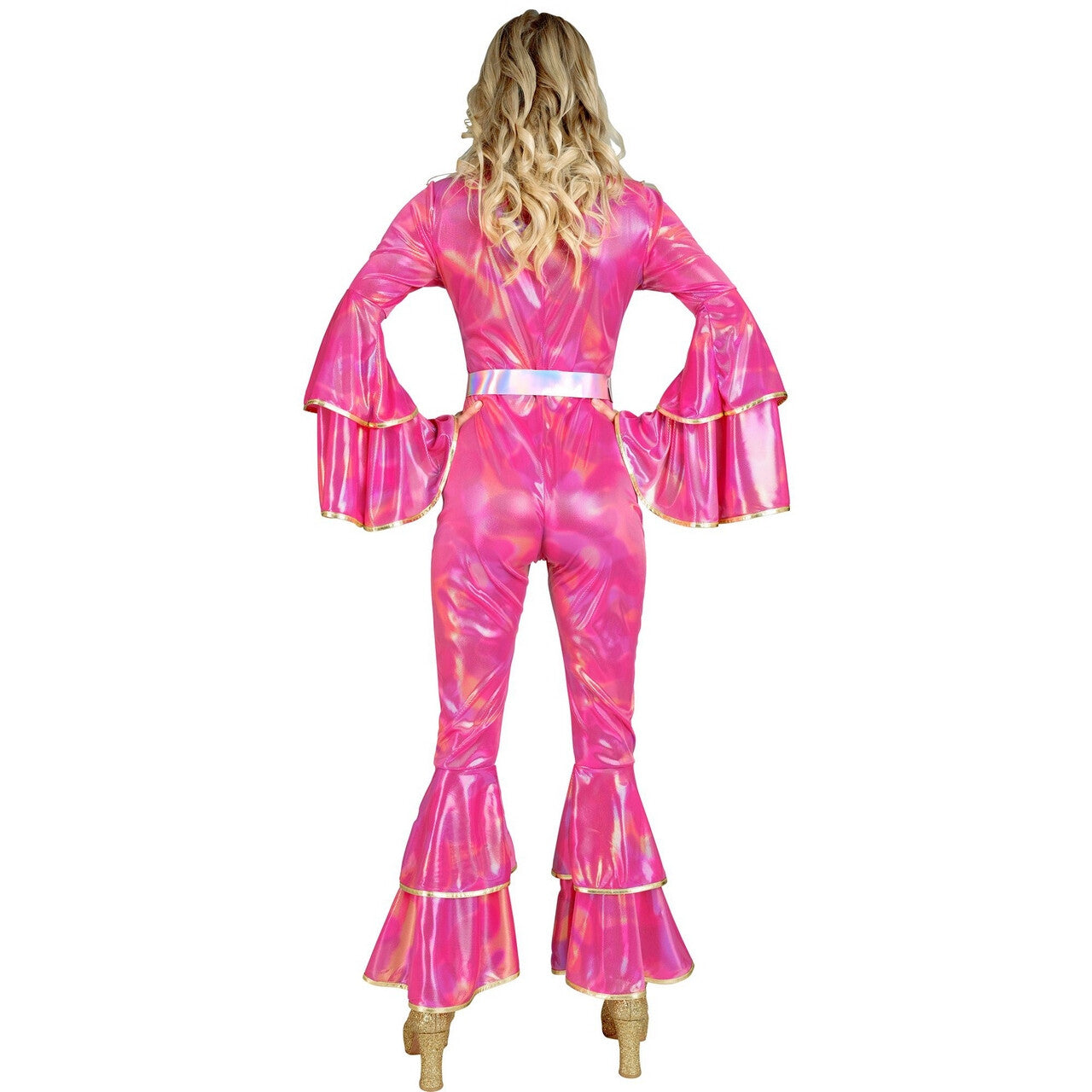Op deze afbeelding zie je een Kostuums, van het merk Widmann. Get Into The Groove 70s Jumpsuit Roze Vrouw Kostuum