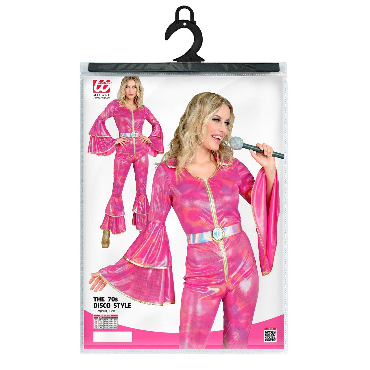 Op deze afbeelding zie je een Kostuums, van het merk Widmann. Get Into The Groove 70s Jumpsuit Roze Vrouw Kostuum