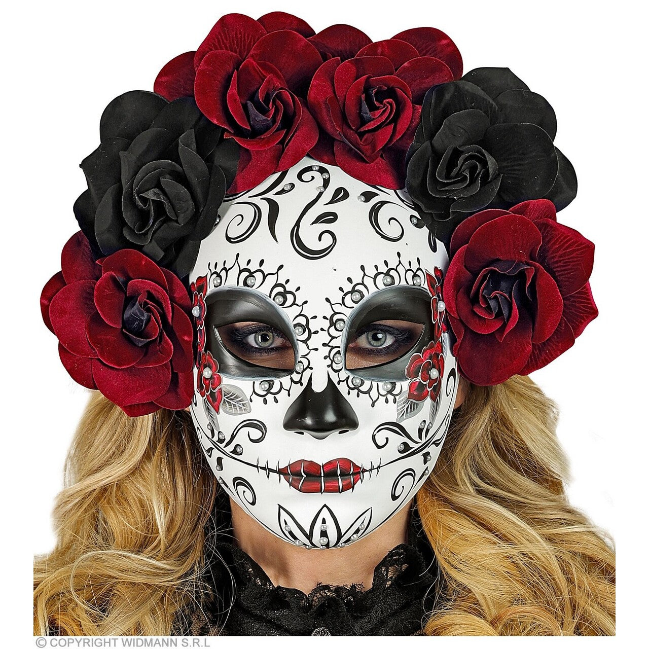 Op deze afbeelding zie je een Accessoires, van het merk Widmann. Masker Dag Van De Doden Met Donker Rode Rozen