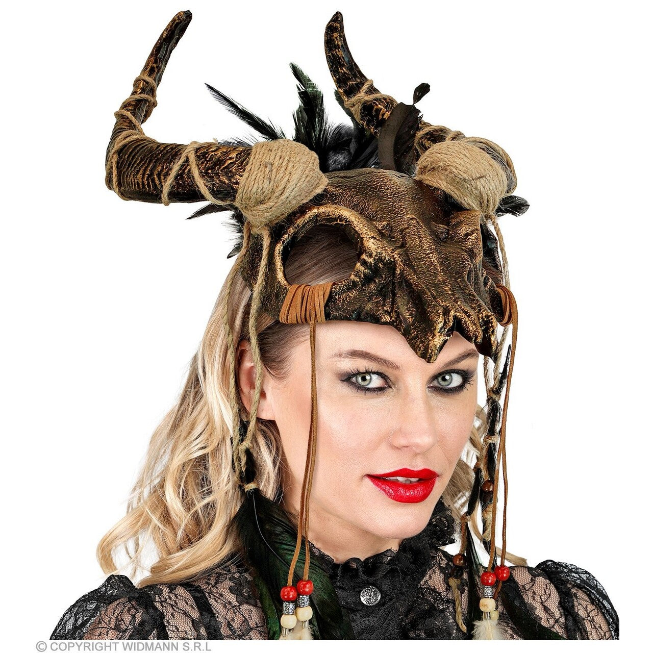 Op deze afbeelding zie je een Accessoires, van het merk Widmann. Masker Shamaan Schedel Stier Met Veren