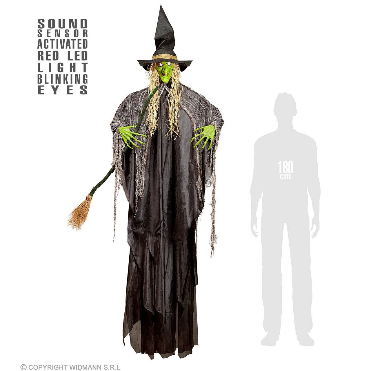 Op deze afbeelding zie je een Decoratie, van het merk Widmann. Green Witch Altijd Op Tijd, 240 Centimeter