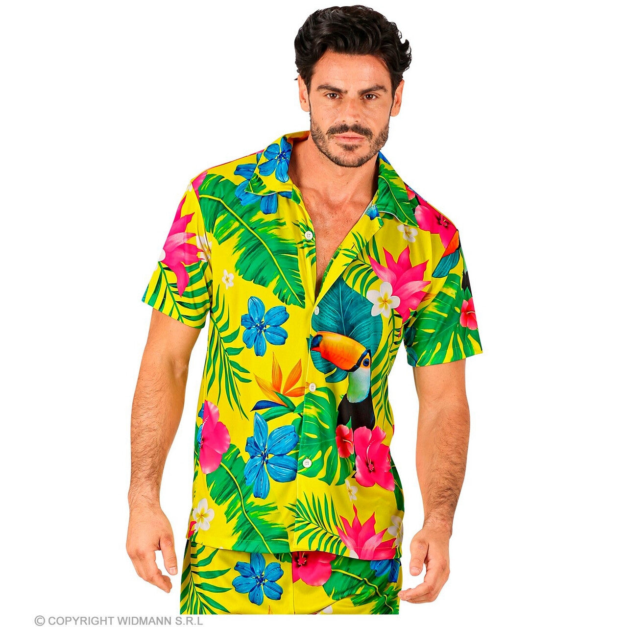 Op deze afbeelding zie je een Kostuums, van het merk Widmann. Tropical Island Beach Flowers Geel Shirt Man