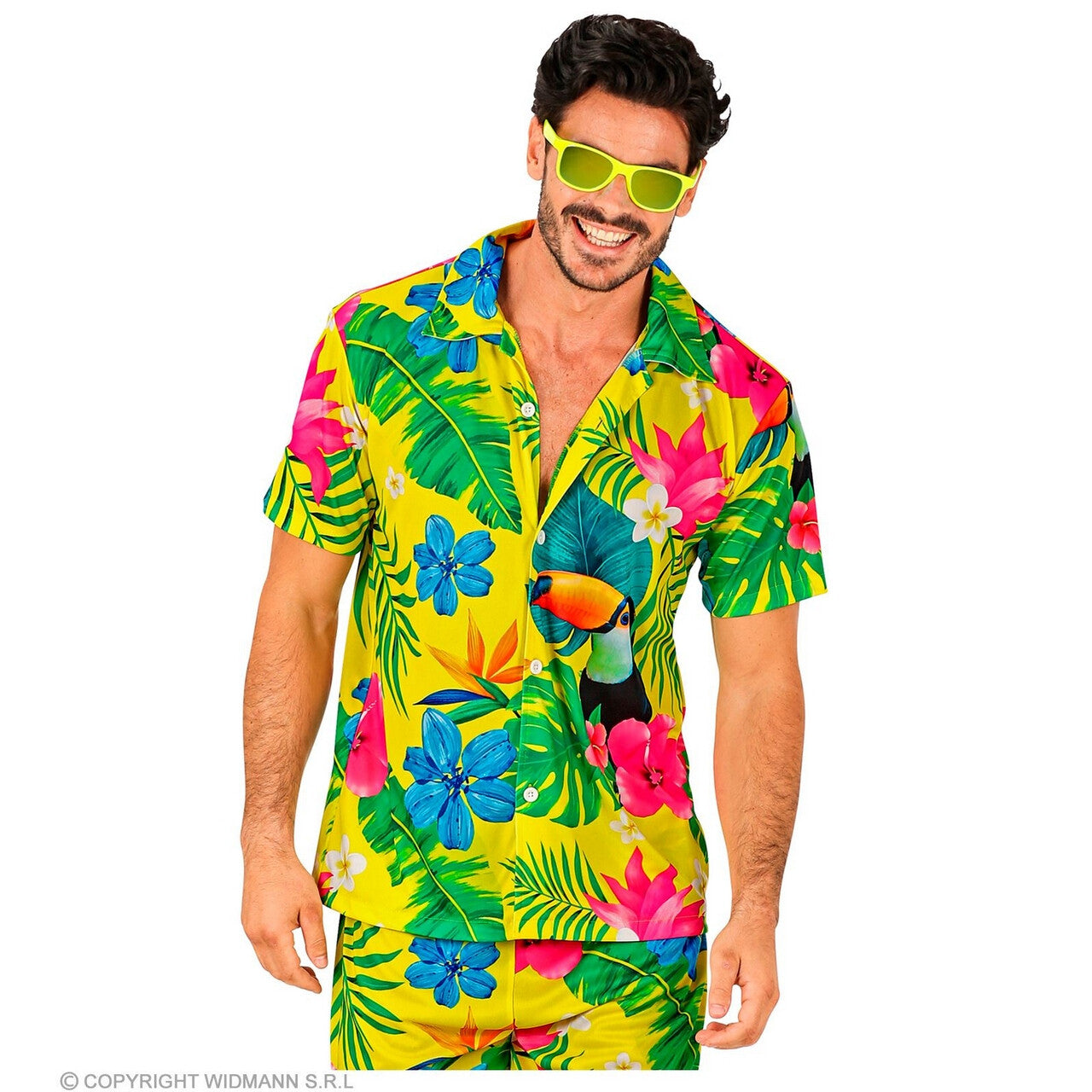 Op deze afbeelding zie je een Kostuums, van het merk Widmann. Tropical Island Beach Flowers Geel Shirt Man