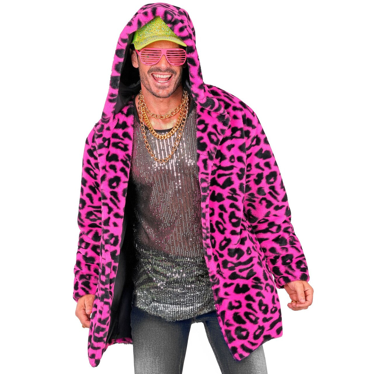 Op deze afbeelding zie je een Kostuums, van het merk Widmann. Bontjas Met Capuchon Cosy Snuggles Luipaard Roze