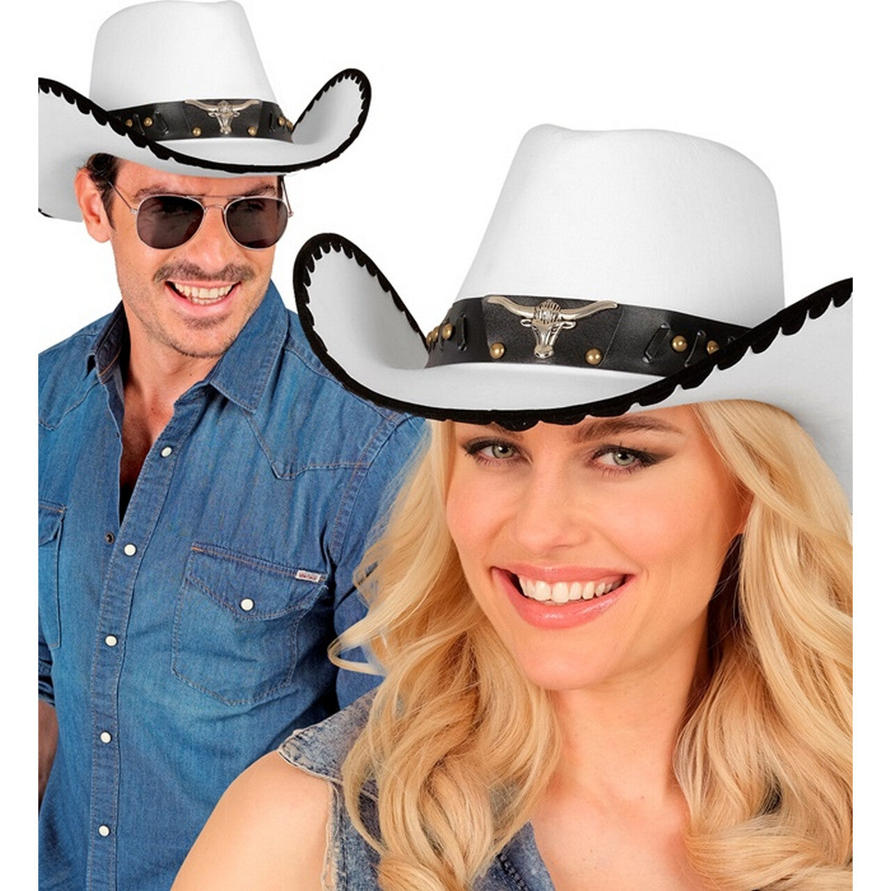 Op deze afbeelding zie je een Accessoires, van het merk Widmann. Witte Cowboy Hoed Met Stier