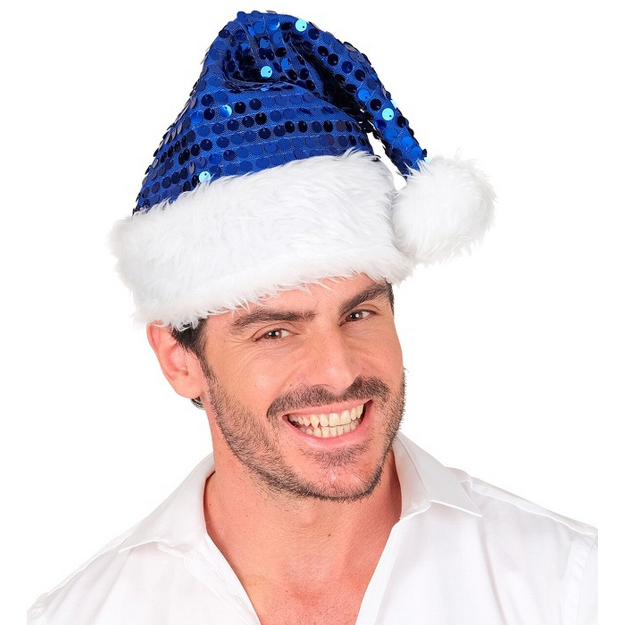 Op deze afbeelding zie je een Accessoires, van het merk Widmann. Glitter Bling Kerst Muts Met Pailletten Blauw