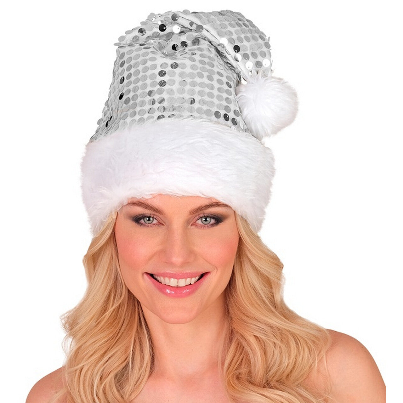 Op deze afbeelding zie je een Accessoires, van het merk Widmann. Glitter Bling Kerst Muts Met Pailletten Zilver