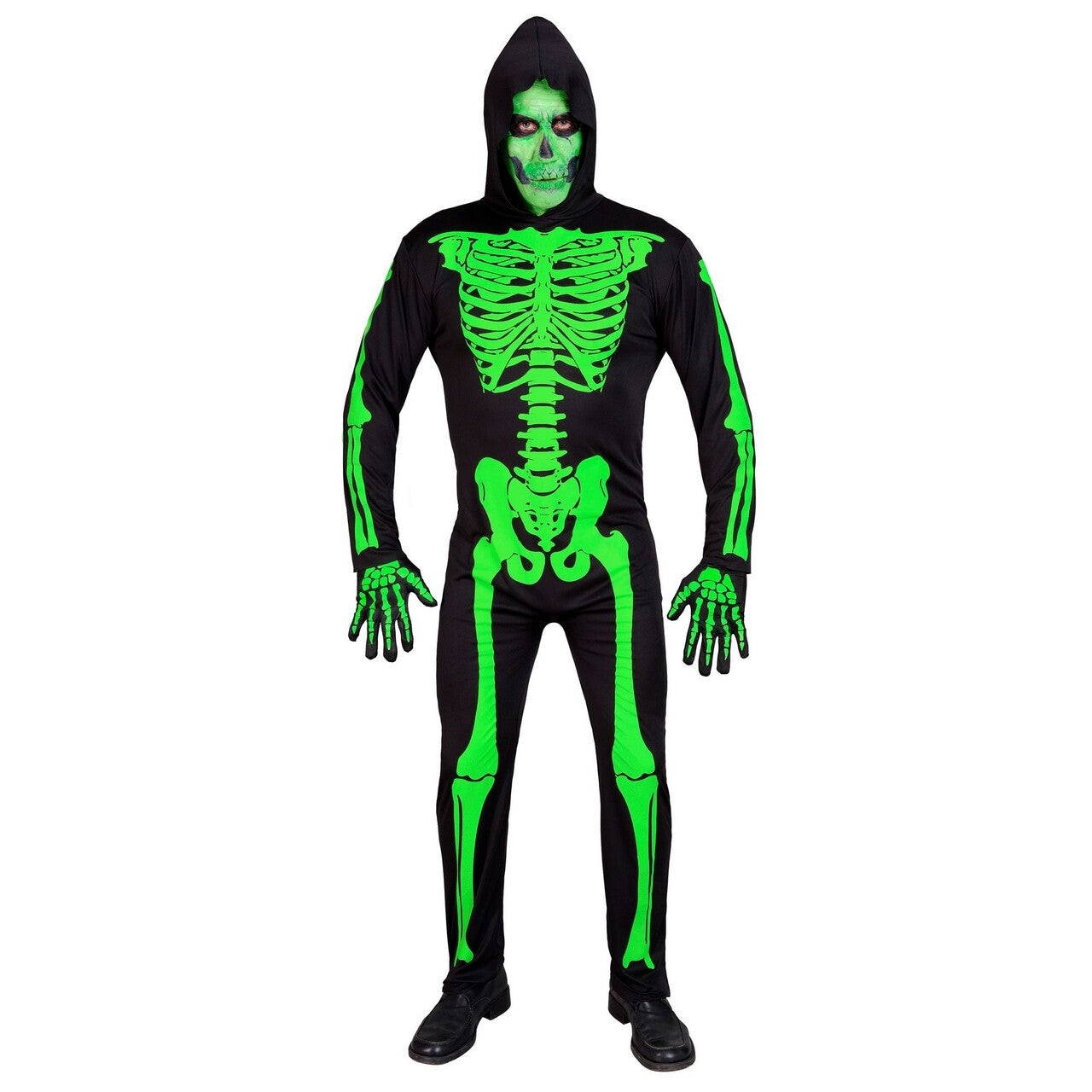 Op deze afbeelding zie je een Kostuums, van het merk Widmann. Gif Groene Halloween Skeletman Kostuum