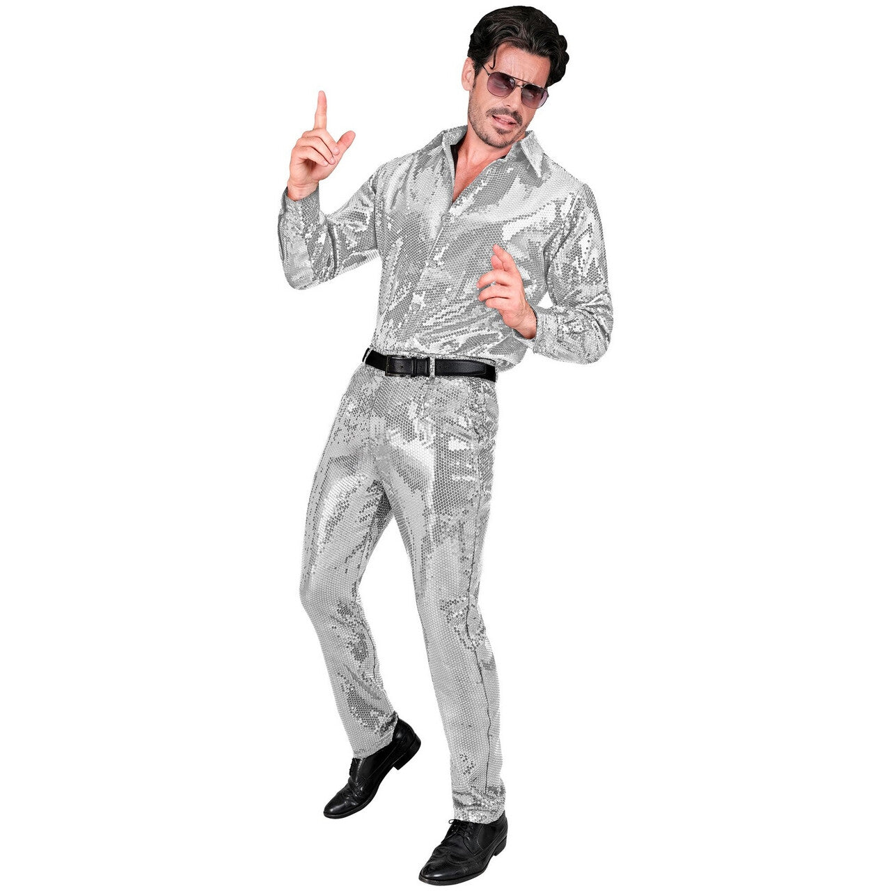 Op deze afbeelding zie je een Kostuums, van het merk Widmann. Love To Shine Pailletten Broek Zilver Man