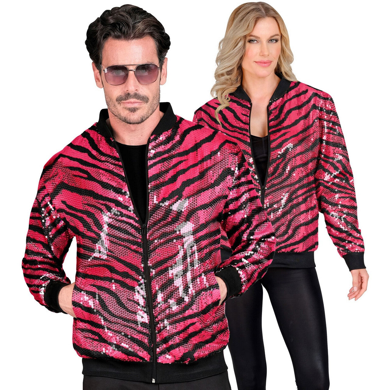 Op deze afbeelding zie je een Kostuums, van het merk Widmann. Bomberjack Pailletten Jas Roze Animal Stripes