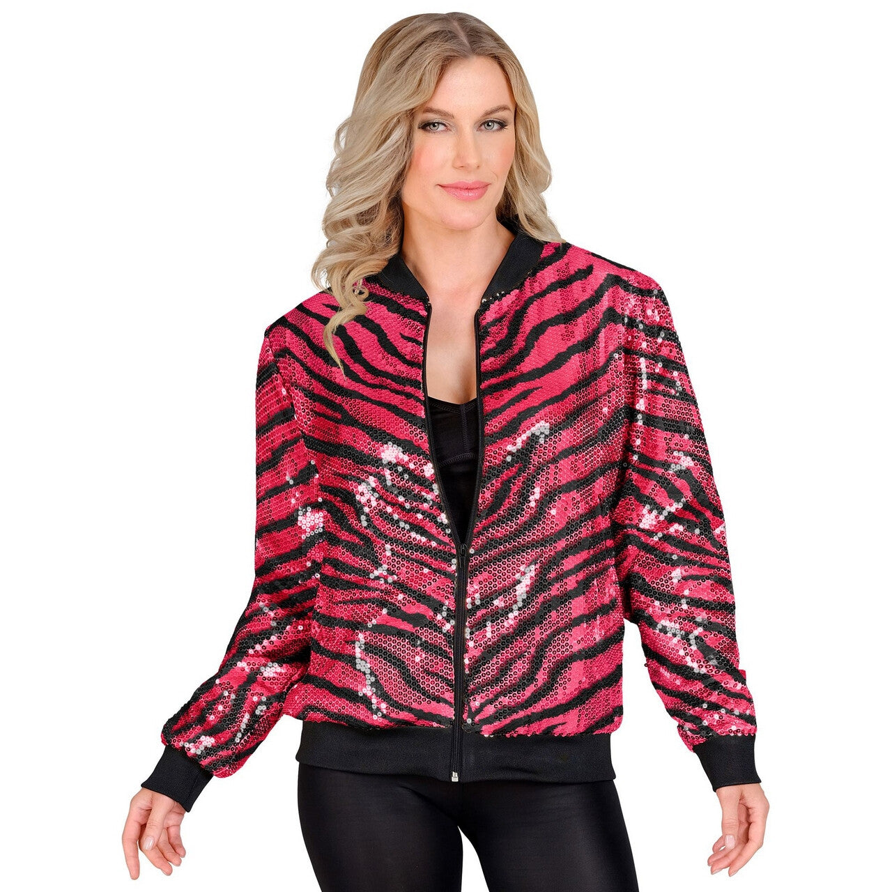 Op deze afbeelding zie je een Kostuums, van het merk Widmann. Bomberjack Pailletten Jas Roze Animal Stripes