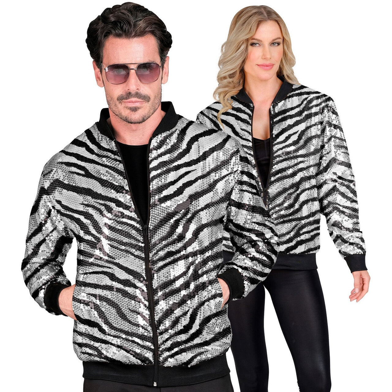 Op deze afbeelding zie je een Kostuums, van het merk Widmann. Bomberjack Shiney Stripes Zebra Pailletten Jas