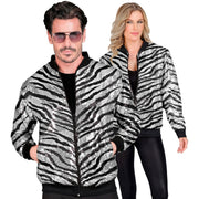 Op deze afbeelding zie je een Kostuums, van het merk Widmann. Bomberjack Shiney Stripes Zebra Pailletten Jas