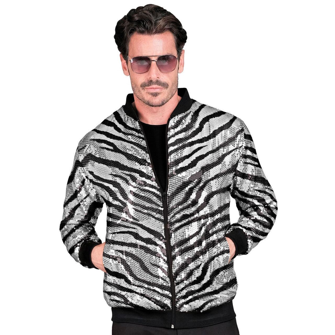 Op deze afbeelding zie je een Kostuums, van het merk Widmann. Bomberjack Shiney Stripes Zebra Pailletten Jas