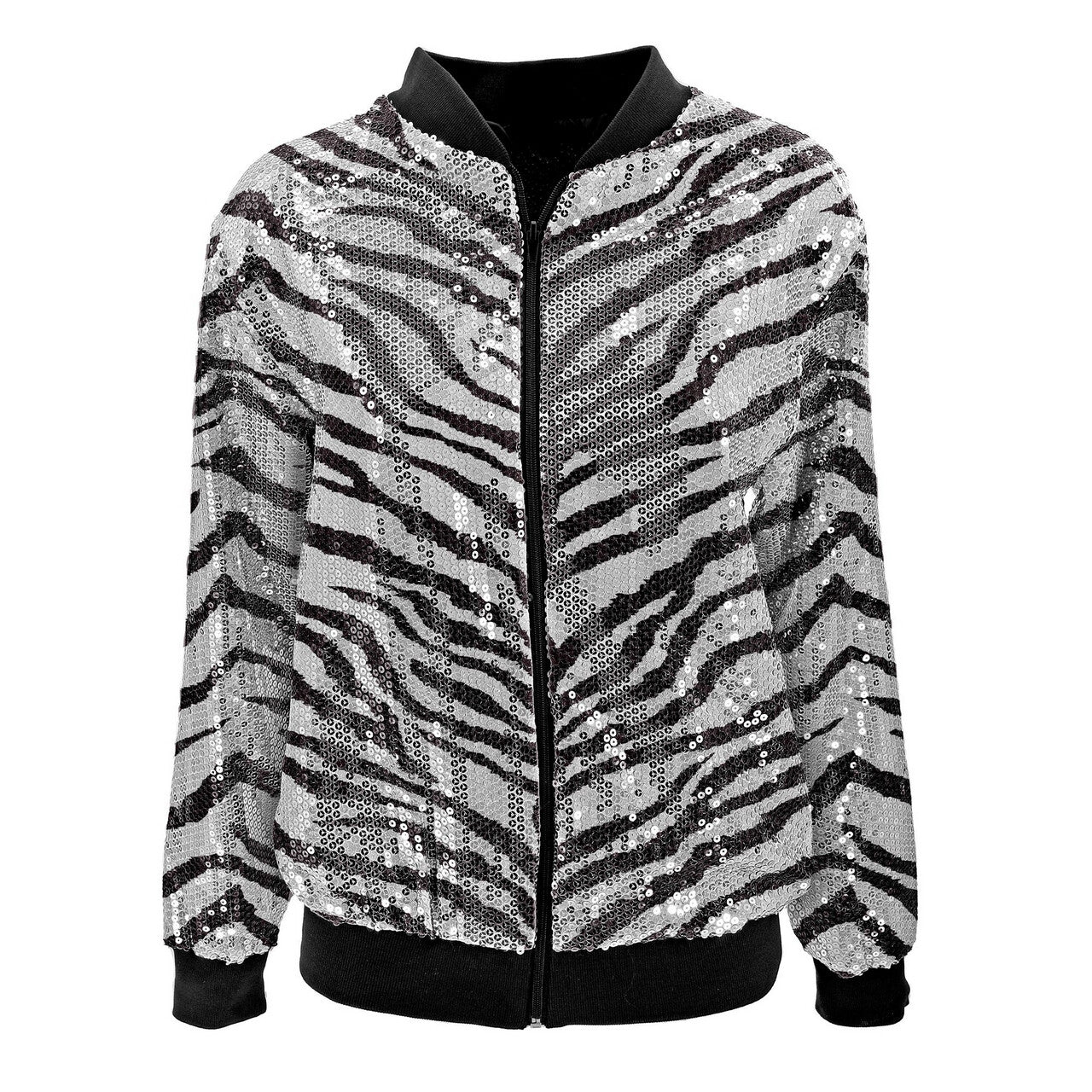 Op deze afbeelding zie je een Kostuums, van het merk Widmann. Bomberjack Shiney Stripes Zebra Pailletten Jas