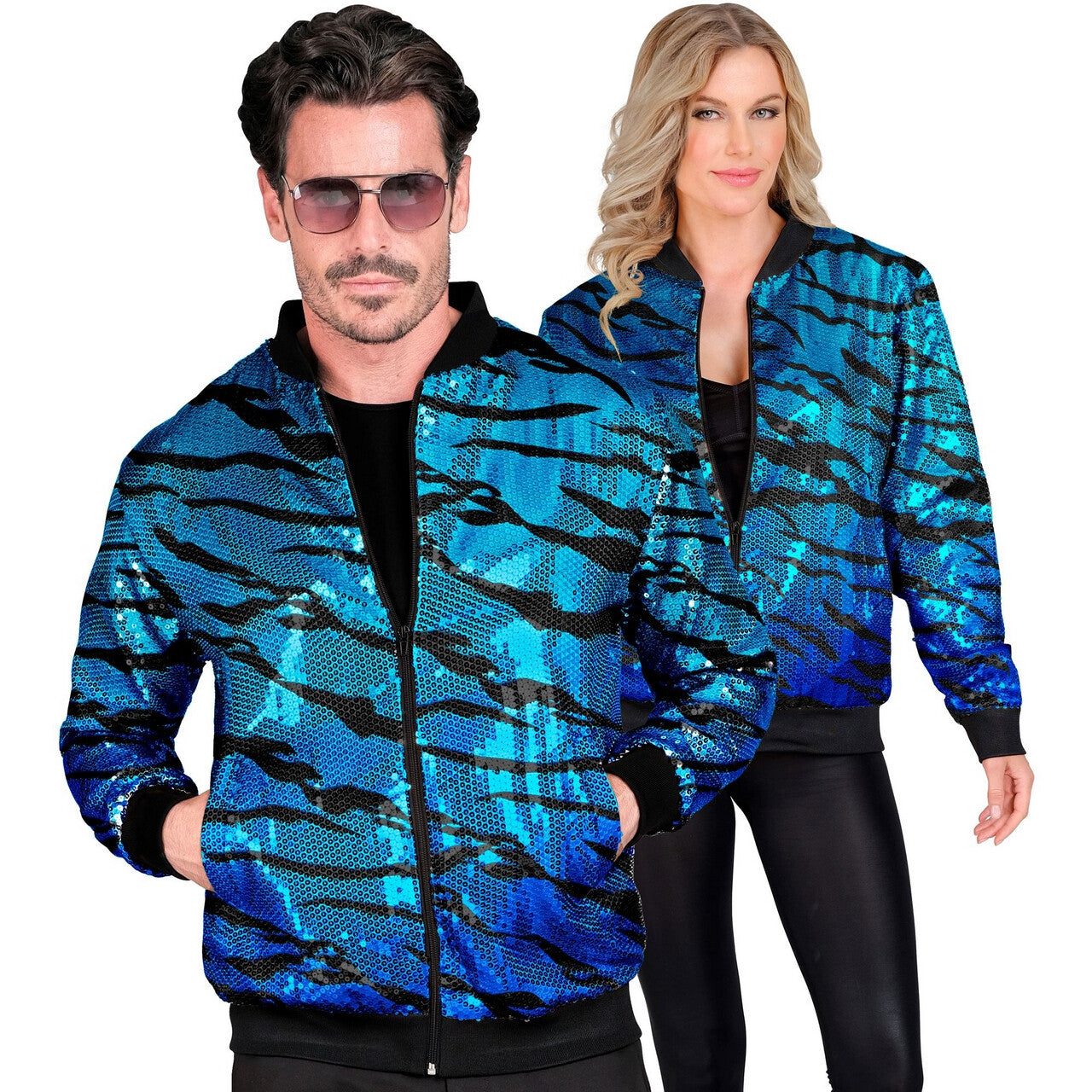 Op deze afbeelding zie je een Kostuums, van het merk Widmann. Bomberjack Pailletten Jas Avatar Blue Waves