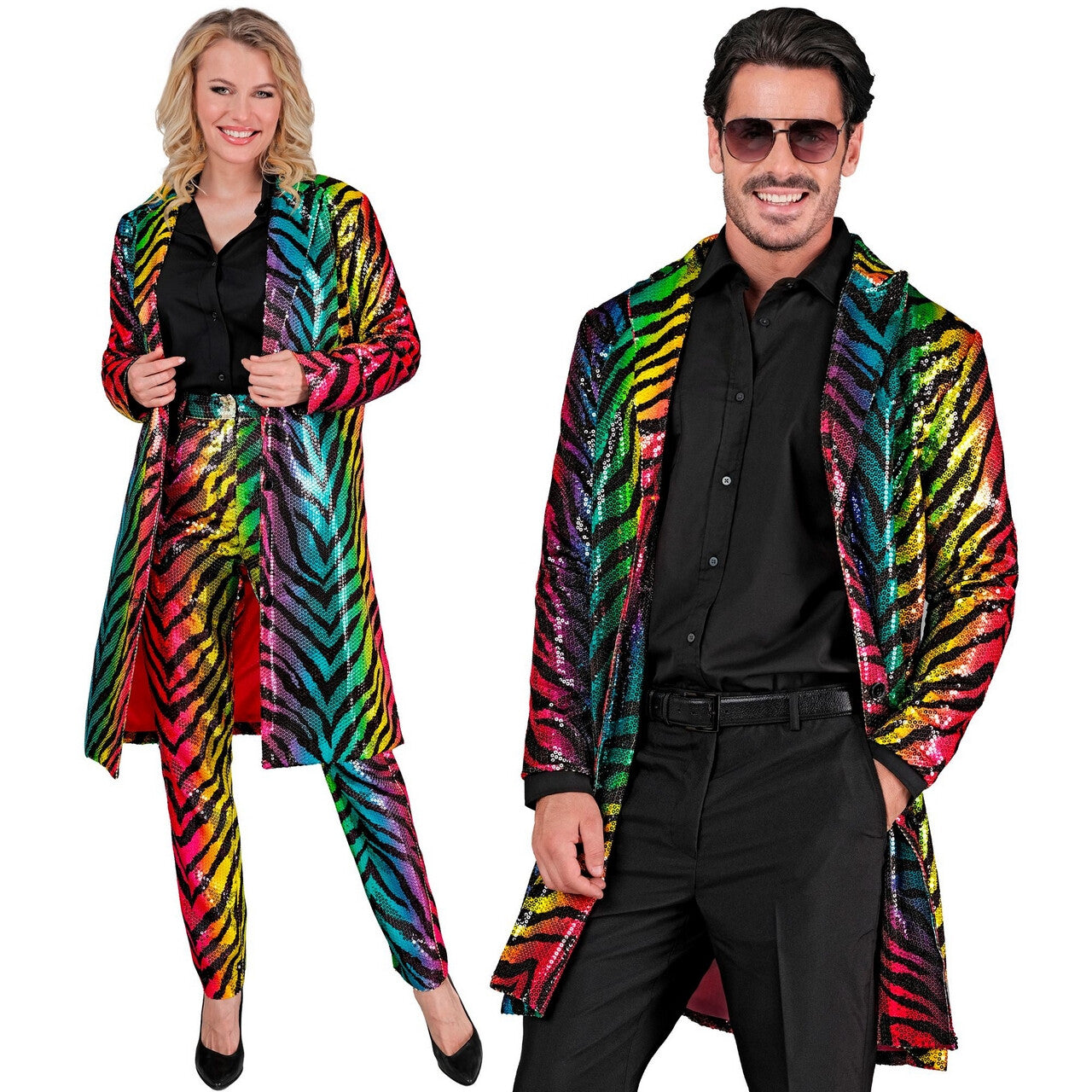 Op deze afbeelding zie je een Kostuums, van het merk Widmann. Pailletten Jas Rainbow Party Tiger